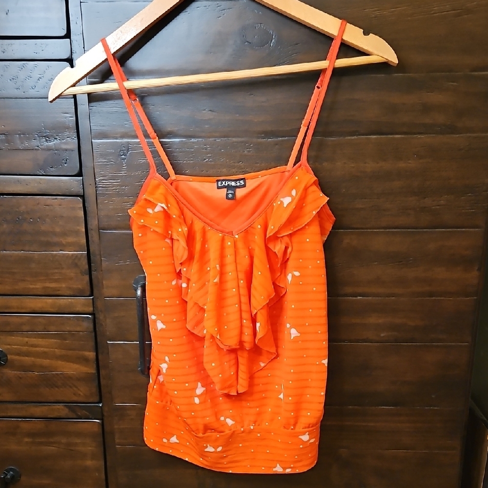 Express Bright Coral/Pink/Orange Ruffle-Front Spaghetti-Strap Cami with White